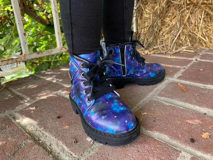 Galaxy Print Leather Combat Boots