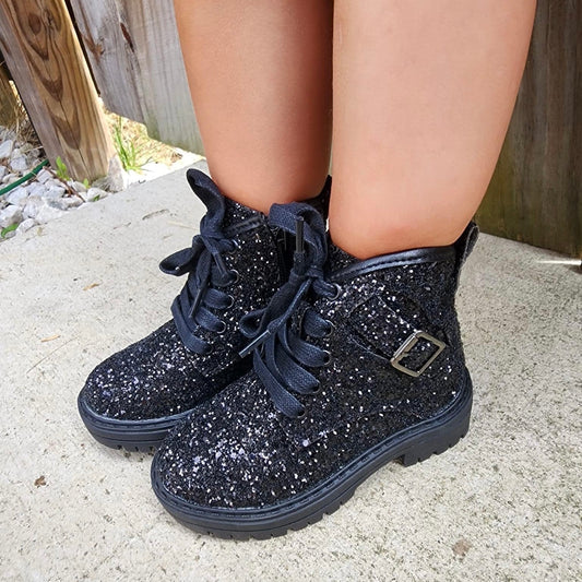 Black Glitter Combat Boots